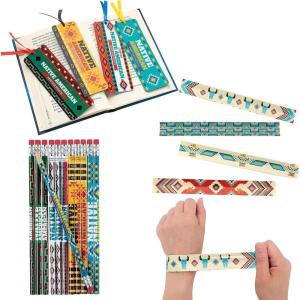 Fun Express 96 Pieces Native American Gifts Heritage Handout Kit – Educational Native American Crafts for Kids Classroom Activities | Teacher Kit for Kids with Bookmarks, Pencils & Slap Bracelets