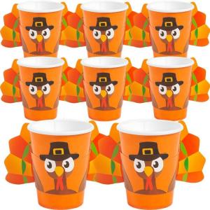 Fun Express Gobble Gobble Party Pilgrim Turkey Orange Paper Cups with Sleeves – 8 Pc