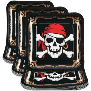 Fun Express Skull & Crossbones Pirate Party Square Paper Dinner Plates – Crossbones Skull Themed Disposable Plates – Decorations for Halloween Birthday Party Baby Shower – 8 Pieces(Medium (Pack of 3))