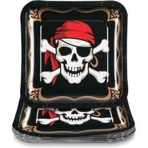 Fun Express Skull & Crossbones Pirate Party Square Paper Dinner Plates – Crossbones Skull Themed Disposable Plates – Decorations for Halloween Birthday Party Baby Shower – 8 Pieces(Medium)