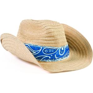 Fun Express Straw Cowboy Hats Bulk Set of 12 – Premium Western Hats for Men & Women with Blue Bandana | Perfect for Rodeo Party Decorations, Cowboy Themed Events & Western Party Favors for Adults