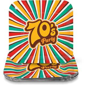 Fun Express Totally 70s Party Square Paper Dinner Plates – 70s Decorations Disposable Tableware Paper Plates – Tableware Perfect for Birthday’s, Picnic Baby Shower – 8 Pieces