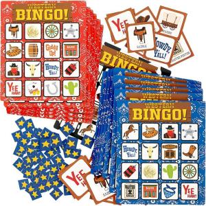 Fun Express Western Bingo Game Set – 22-Piece Cowboy & Cowgirl Themed Bingo Game Perfect for Family Gatherings Birthday Parties Classroom Activities and Western-Themed Events – 22 Pieces
