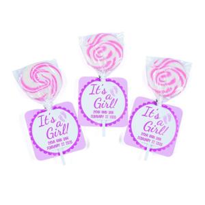 Personalized It’S A Girl Swirl Lollipops With Cards – Edibles – 24 Pieces