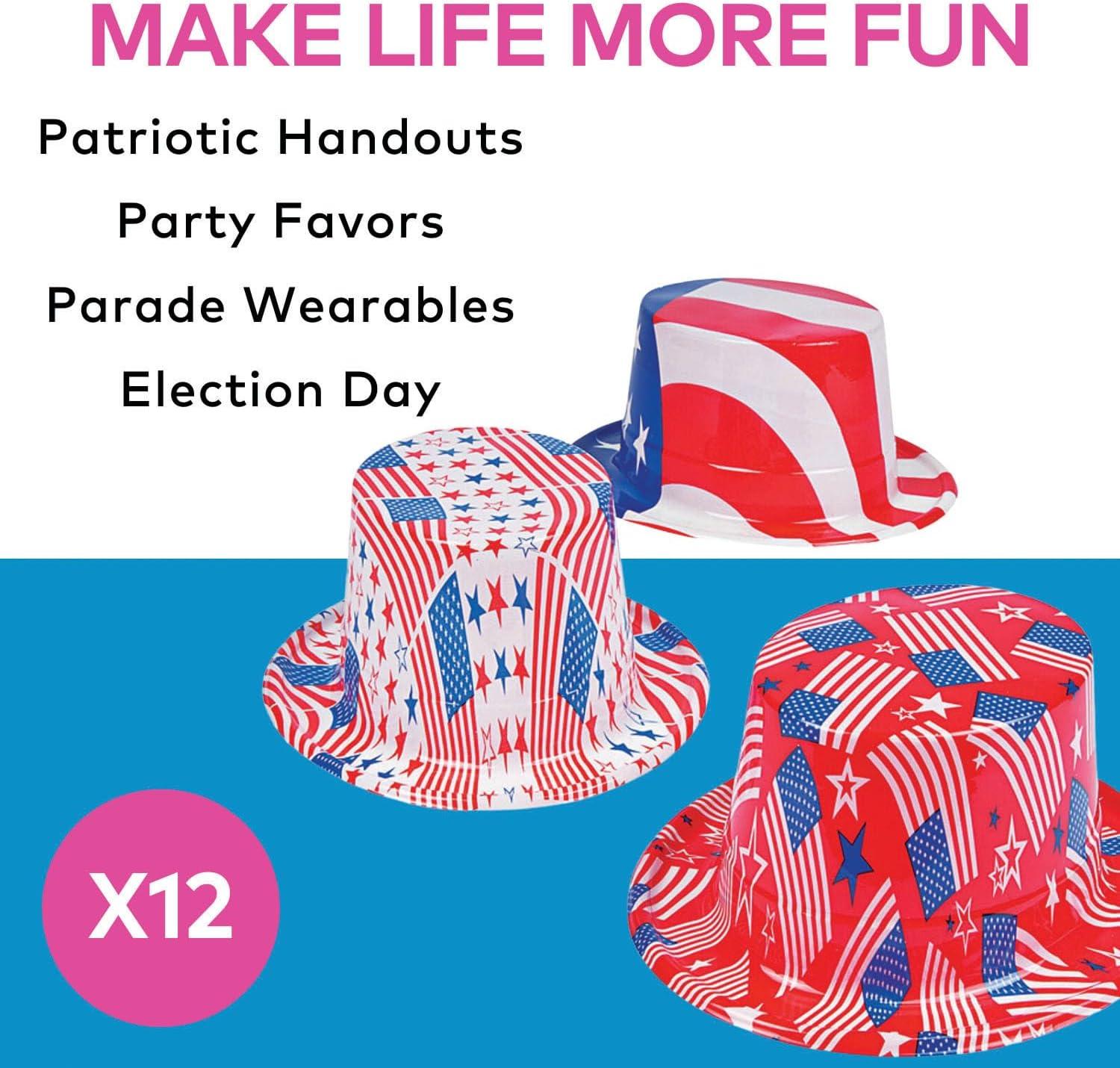 image:imageFun Express Patriotic USA Hat Collection 12 Pack Red White Blue American Flag Plastic Hats for 4th of July Decorations Uncle Sam Style Photo Booth Props for Memorial Day amp Veterans Day Parties