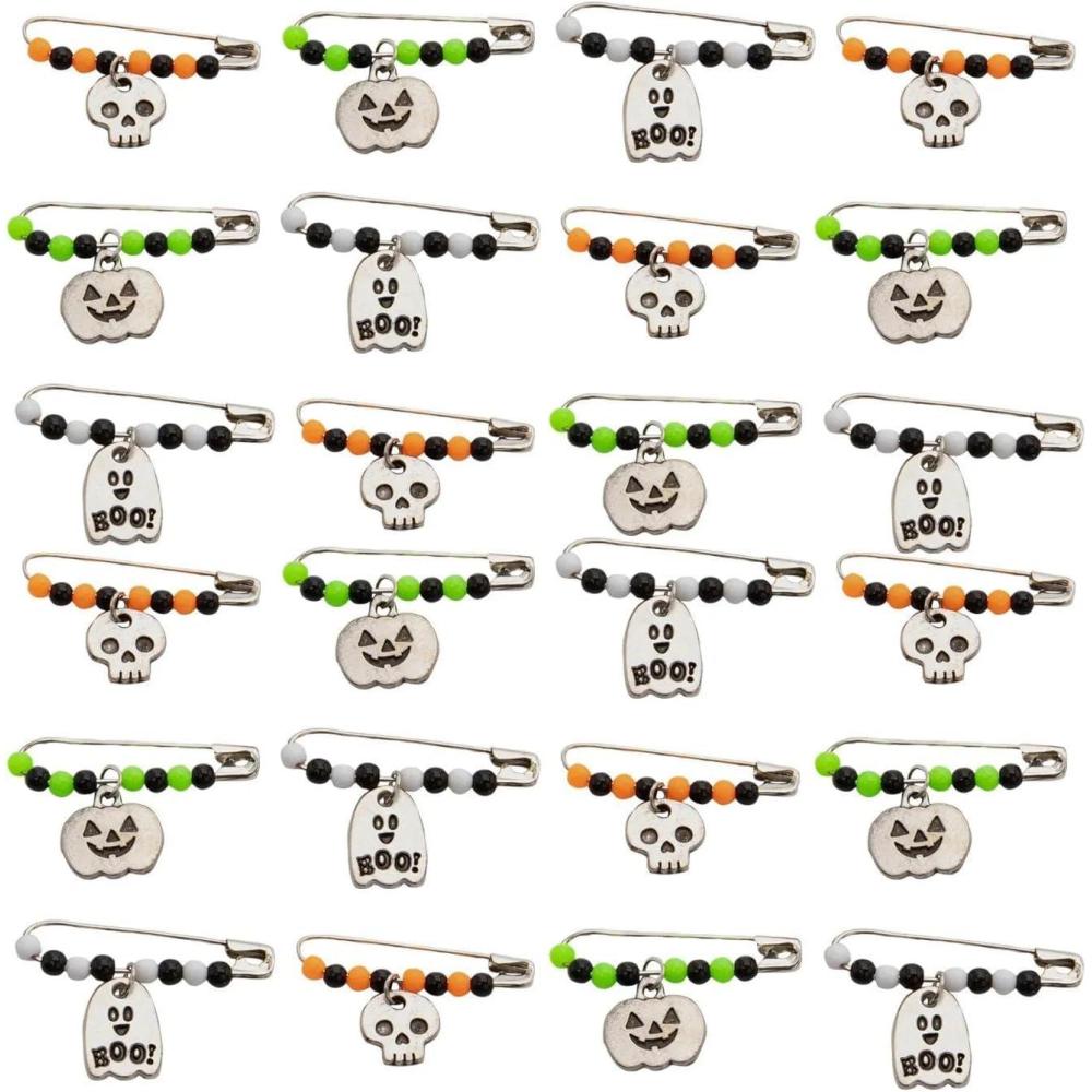 image:imageFun Express 1 12 Halloween JackOLantern Ghost amp Skull Beaded Metal Safety Pins 24 Pc