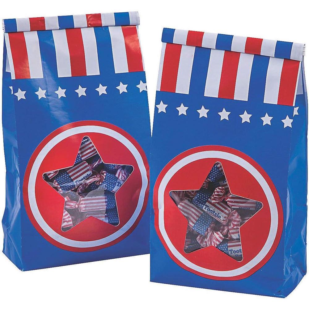 image:imageFun Express Patriotic Tin Tie Paper Treat Bags with Star Window  45 x 9 in  Ideal for Party Favors Events and Celebrations  24 Pieces
