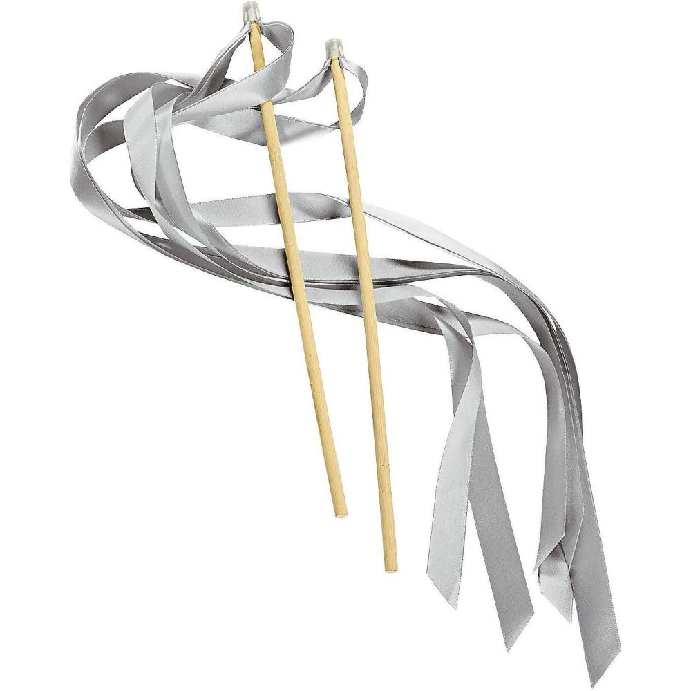 image:imageFun Express Silver Ribbon Streamer Wands Elegant Party Wedding amp Event Decor 2 Feet Long Ribbons with Wooden Handles Perfect for Dance Floors Celebrations amp Special Occasions Bulk Set of 24