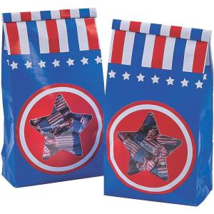 Fun Express Patriotic Tin Tie Paper Treat Bags with Star Window – 4.5 x 9 in – Ideal for Party Favors, Events, and Celebrations – 24 Pieces