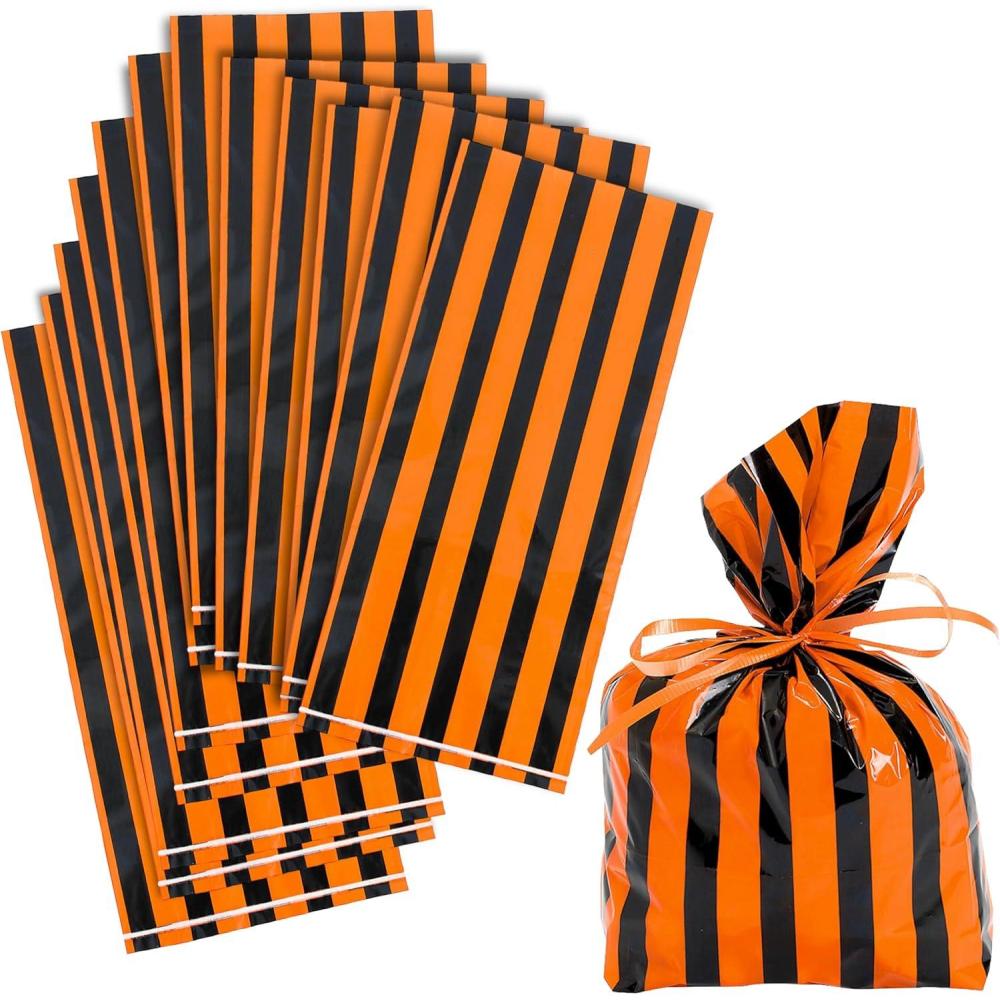 image:imageFestive Black amp Orange Striped Cellophane Treat Bags  5 x 11 12 Pc  Vibrant Design Ideal for Trick or Treating amp Halloween Parties