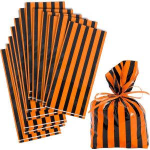 Festive Black & Orange Striped Cellophane Treat Bags – 5″ x 11″ (12 Pc.) – Vibrant Design, Ideal for Trick or Treating & Halloween Parties