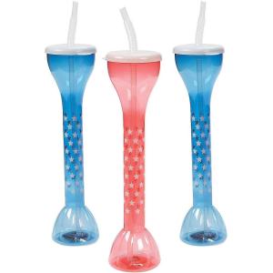 Fun Express Patriotic USA Yard Glasses Set of 6 Reusable Cups with Lids and Straws – 20 oz BPA Free Plastic Tumblers for 4th of July Party Favors | Red Blue American Flag Cups for Pool Party Supplies