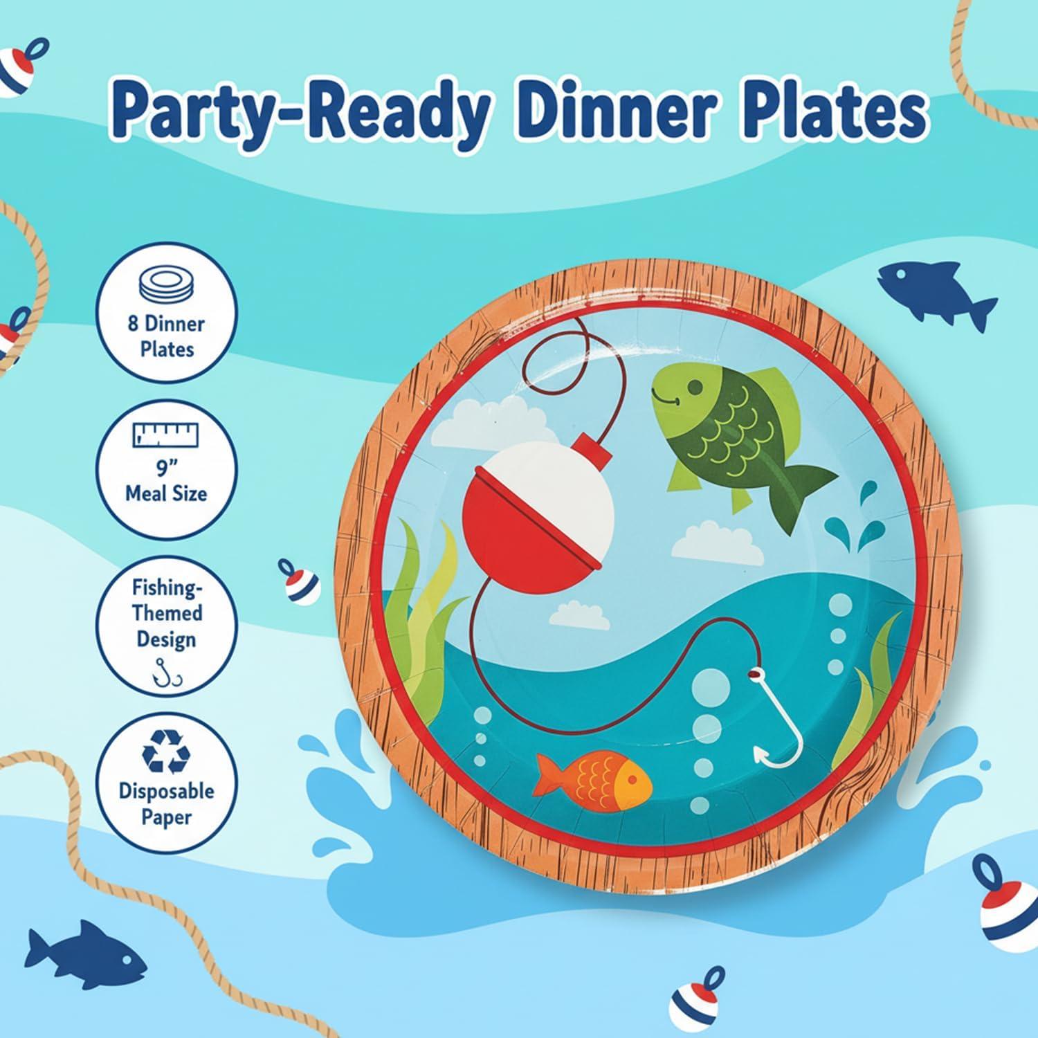 image:imageFun Express Little Fisherman Party Paper Dinner Fishing Themed Decoration Paper Plates Fishing Disposable Dessert Plates for Little Fisherman Birthday Events Party Supplies 8 Pieces