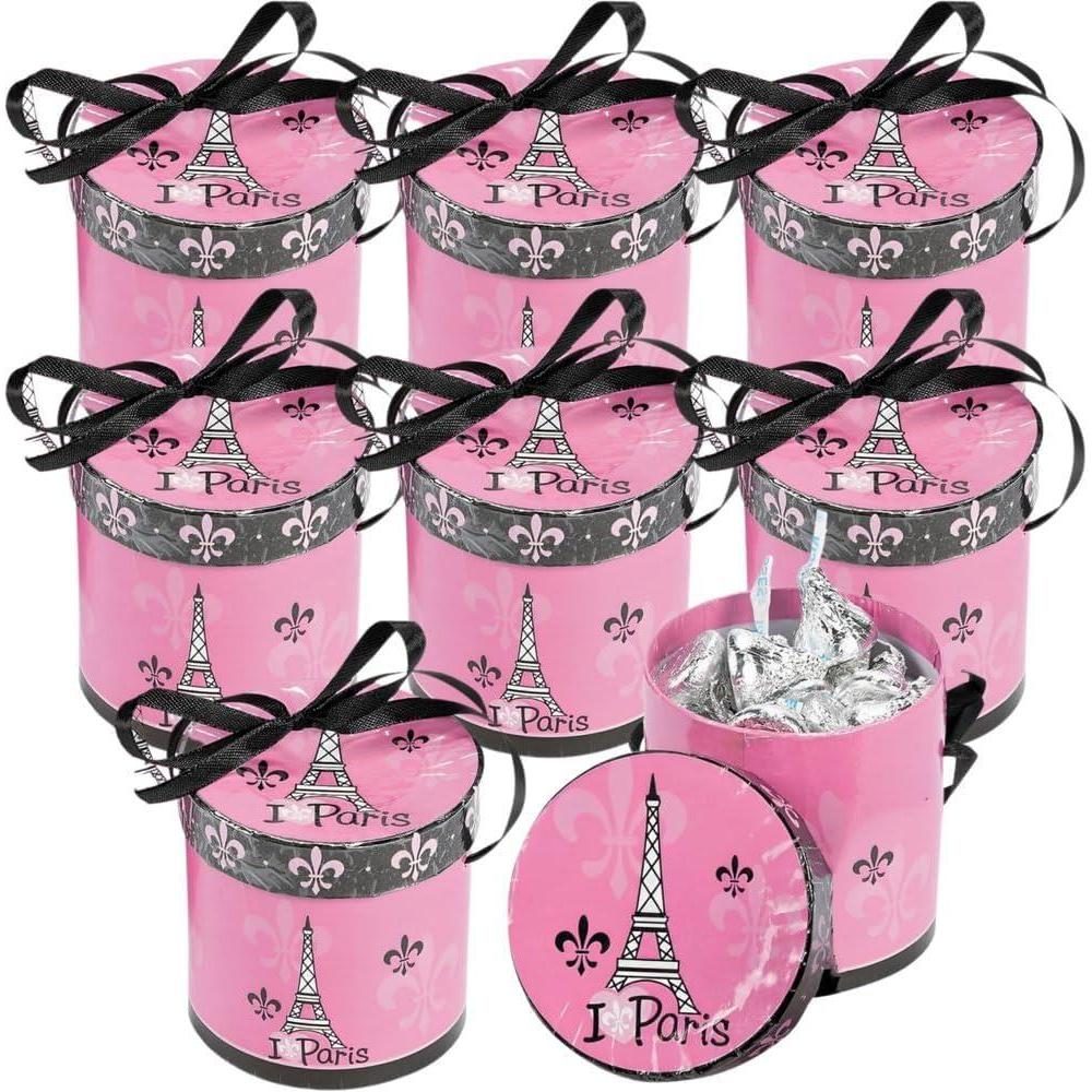 image:imageFun Express Perfectly Paris Hat Treat Boxes with 28 Inch Satin Ribbons set of 8 Party Decorations and Supplies