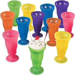 Fun Express Bright Neon Milkshake Cups & Sundae Glasses Set – 12 Vintage Plastic Soda Shop Style Ice Cream Float Cups | Perfect for Root Beer Floats, Parties & Ice Cream Parlor Decorations