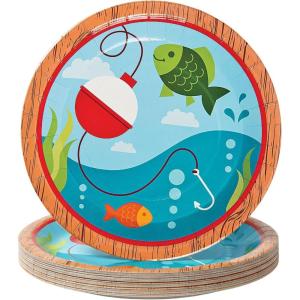 Fun Express Little Fisherman Party Paper Dinner – Fishing Themed Decoration Paper Plates – Fishing Disposable Dessert Plates for Little Fisherman Birthday Events Party Supplies – 8 Pieces