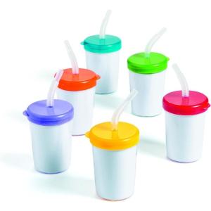 Fun Express DIY Cups with Lids and Straws for Kids (12-Pack) – Color Your Own Craft Cups Bulk Set with Blank Paper Inserts, BPA-Free Plastic Party Favors for Classroom Activities and Birthday Parties