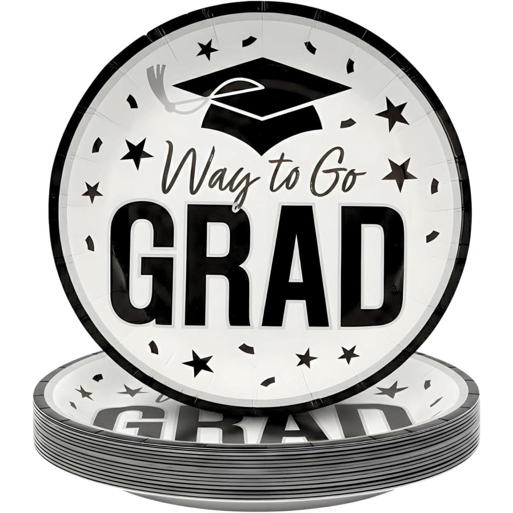 image:imageFun Express 7 14 Way to Go Grad Disposable Paper Dessert Plates 25 Ct Great for Graduation Parties For School and College SilverWhite
