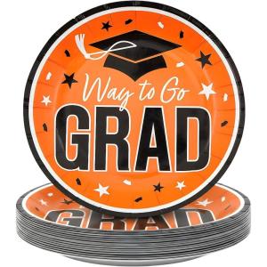 Fun Express 7 1/4″ Way to Go Grad Disposable Paper Dessert Plates – 25 Ct. – Great for Graduation Parties For School and College (Silver)(Orange)