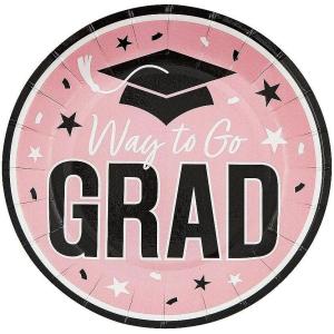 Fun Express 7 1/4″ Way to Go Grad Disposable Paper Dessert Plates – 25 Ct. – Great for Graduation Parties For School and College (Silver)(Pink)