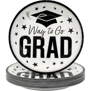 Fun Express 7 1/4″ Way to Go Grad Disposable Paper Dessert Plates – 25 Ct. – Great for Graduation Parties For School and College (Silver)(White)