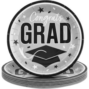 Fun Express 9″ Graduation Party Plates – Congrats Grad – 25 Plates – Great for Parties, School and College Events (Blue)(Silver)