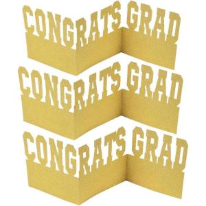 Fun Express Congrats Grad Gold Glitter Centerpieces – 21″ x 8″ Graduation Table Toppers – 3 Pieces – Glittery Party Decorations & Supplies