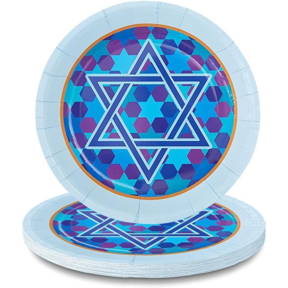 image:imageFun Express Star of David Paper Dessert Plates with Light Blue Trim  Dessert Cake Plates Disposable Paper Light Blue Trim for Tea Party Baby Shower Birthday  8 Pieces