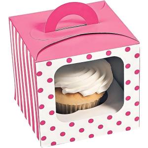 Elegant White Cupcake Boxes with Handle and Candy Pink Polka Dot Design – 4″ x 4.25″ (Pack of 12) – Ideal for Weddings, Birthdays, Baby Showers, Parties, and Special Events