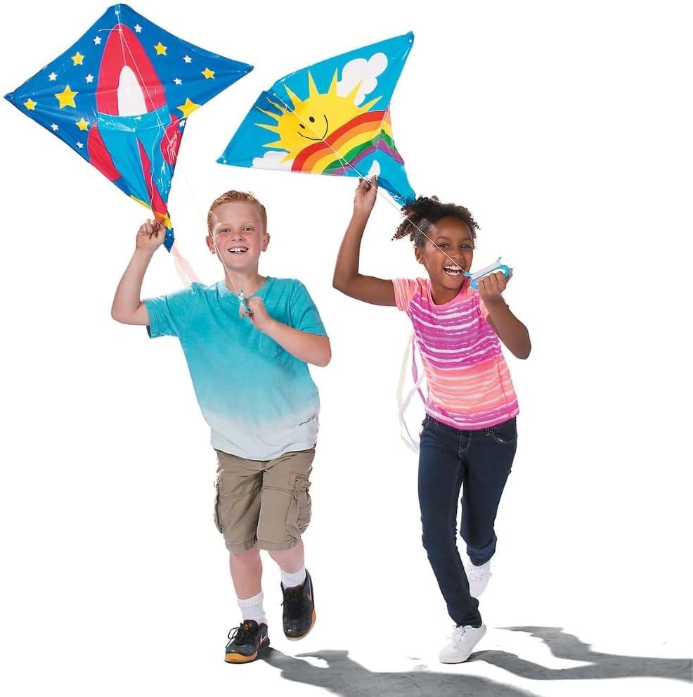 image:imageAssorted Flying Kite Pack by Fun Express  28 x 28 with 54 in Tails  Assorted Styles and Colors  200 feet of String with Handle  12 Pieces