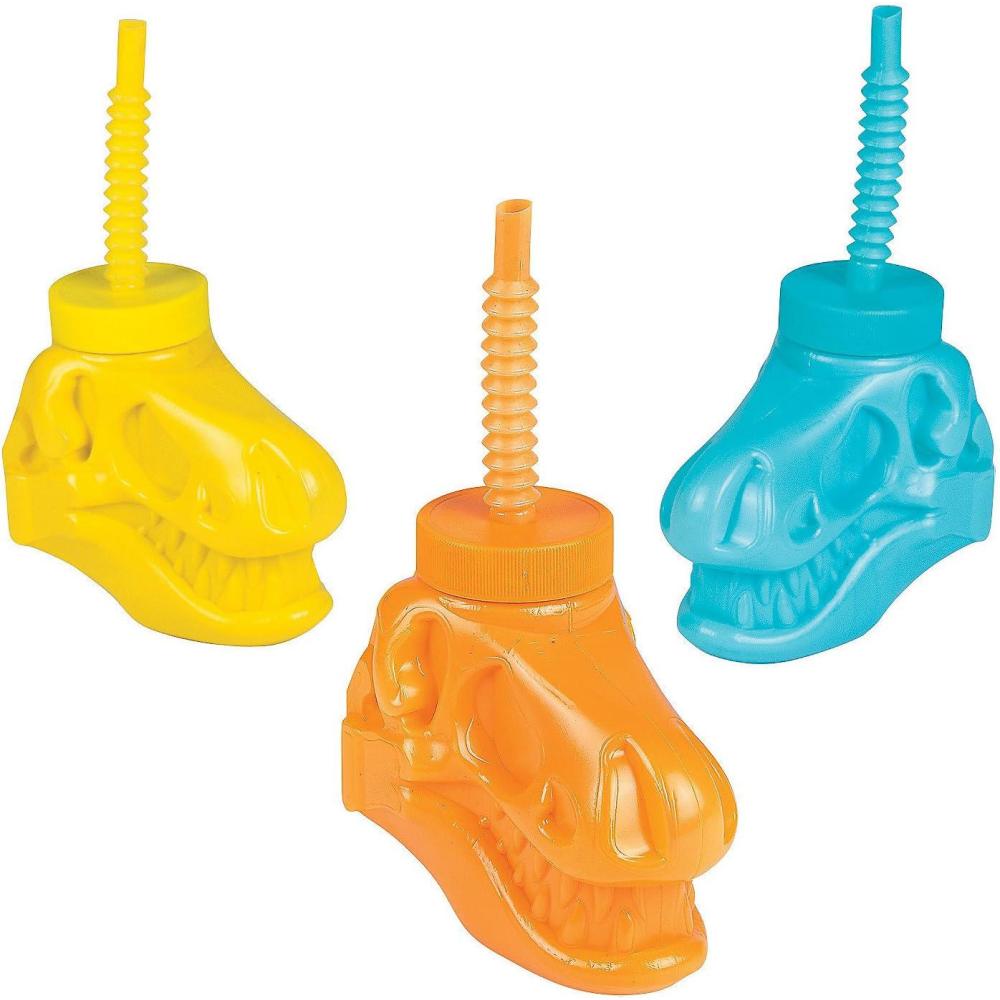 image:imageFun Express 8 pieces Dinosaur Shaped Cups with Straws Holds 4 oz BPA Free Plastic Dino Dig Party Supplies MultiColor