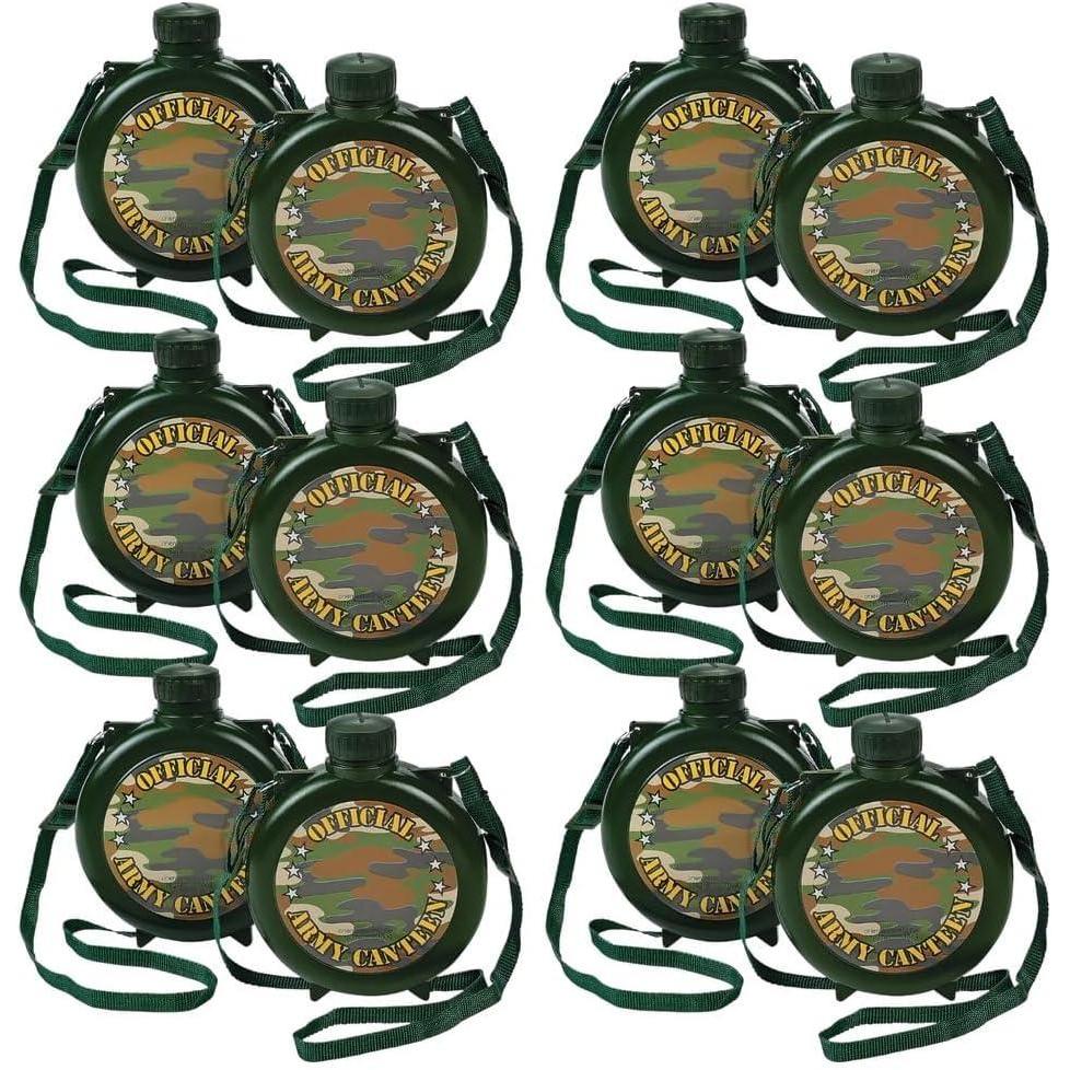 image:imageFun Express Canteen Water Bottle 12 Pack Kids Safari Party Favors with Adjustable Nylon Strap 15oz Plastic Camo Water Bottles for Camping Hiking amp Outdoor Adventures Army Green Design