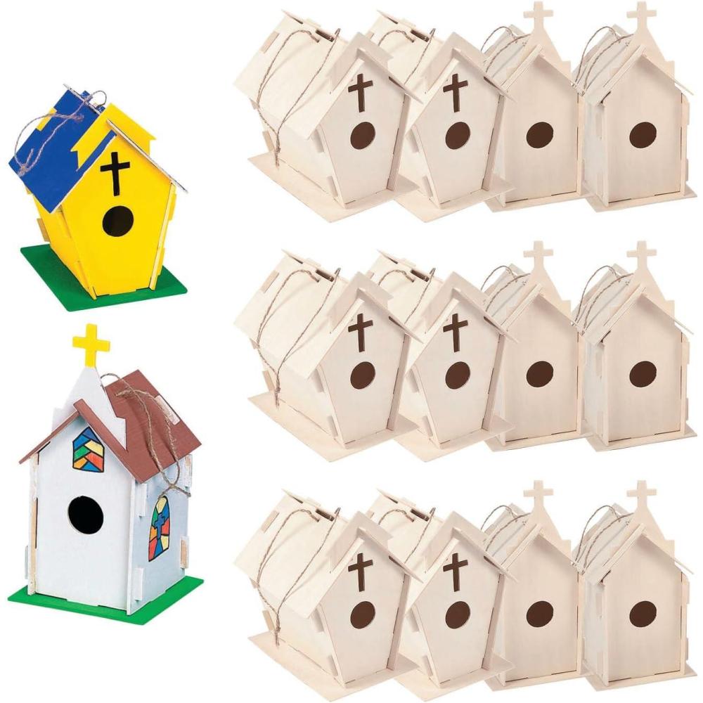 image:imageFun Express DIY Church Birdhouse Craft Kits for Kids Ages 812 Wooden Bird Houses to Paint 12 Pack Unfinished Wood Crafts for Spring amp Summer Bulk Party Favors for Classroom amp Camp Projects