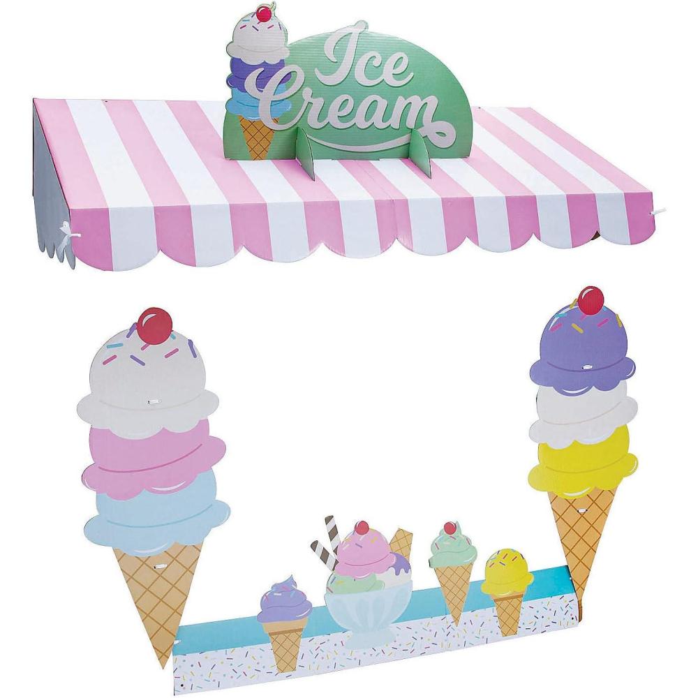 image:imageFun Express Ice Cream Tabletop Hut Decor Pink White Cardboard Awning for Ice Cream Themed Party Decorations Carnival Circus Party Decor Stand for Birthday Events Classroom Candy Land Celebrations