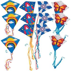Assorted Flying Kite Pack by Fun Express – 28 x 28 with 54 in Tails – Assorted Styles and Colors – 200 feet of String with Handle – 12 Pieces
