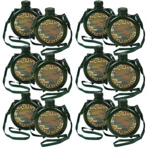 Fun Express Canteen Water Bottle 12 Pack – Kids Safari Party Favors with Adjustable Nylon Strap | 15oz Plastic Camo Water Bottles for Camping, Hiking & Outdoor Adventures | Army Green Design