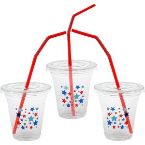 Fun Express Clear Patriotic Plastic Cups with Lids & Straws, 50 Count