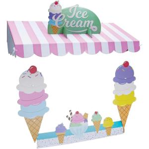 Fun Express Ice Cream Tabletop Hut Decor – Pink White Cardboard Awning for Ice Cream Themed Party Decorations, Carnival Circus Party Decor Stand for Birthday Events, Classroom, Candy Land Celebrations
