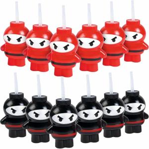 Fun Express Set of 12 Pieces Ninja Cups with Flexible Straws, Holds 20 oz, BPA Free Plastic, Birthday Party supplies, Black & Red