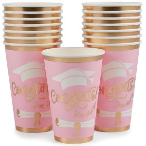 Fun Express 5 1/4″ 16 oz. Pink Congrats Graduation Disposable Paper Cups – 12 Ct.