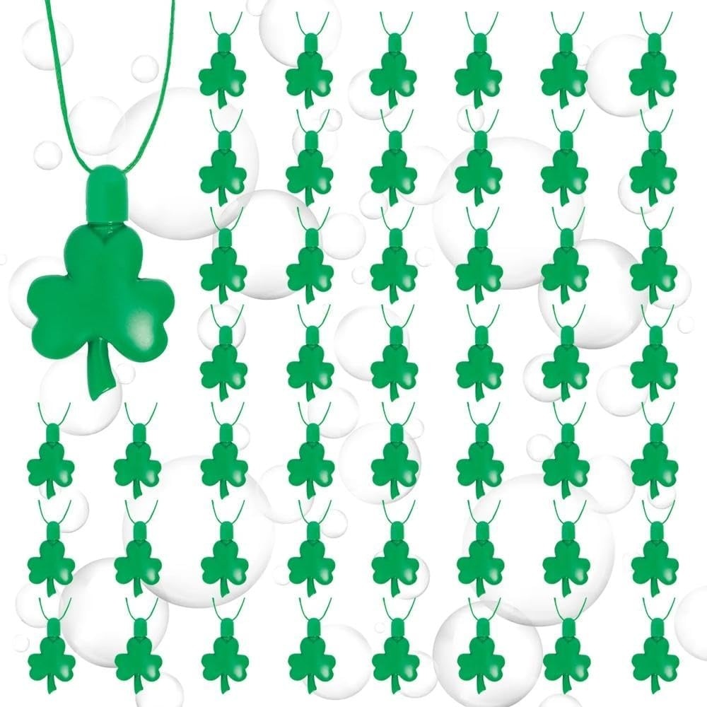 image:imageFun Express 2 34 Bulk 48 Pc St Patricks Day ShamrockShaped Plastic Bubble Bottle Necklaces