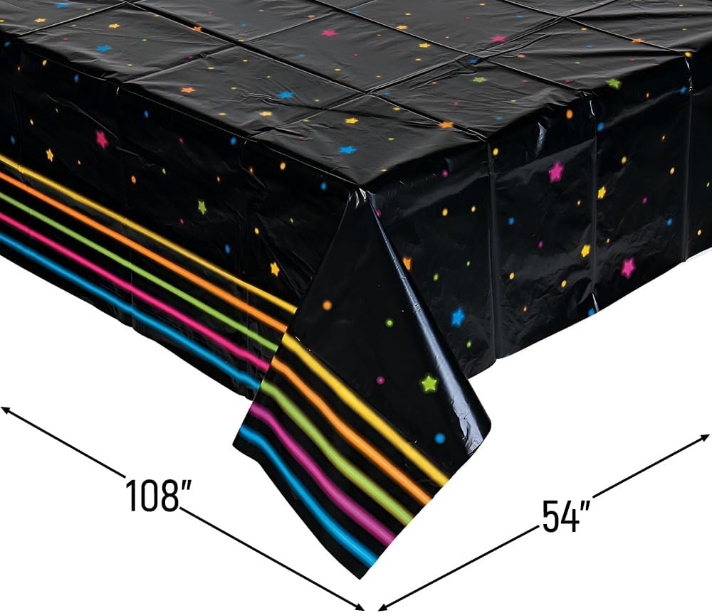 image:imageFun Express Neon Glow Party Disposable Tablecloth Black with Neon Stars and Stripe Detail Plastic Table Cover VBS 2026 54 x 108