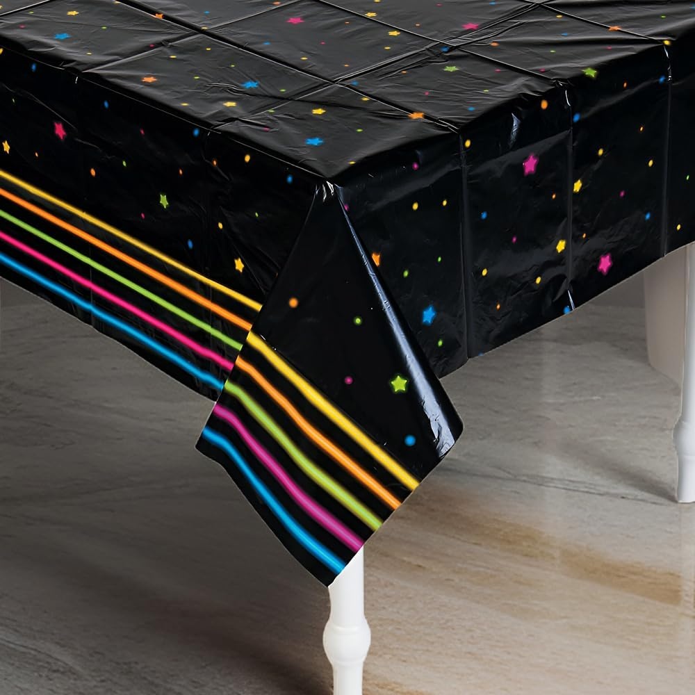 image:imageFun Express Neon Glow Party Disposable Tablecloth Black with Neon Stars and Stripe Detail Plastic Table Cover VBS 2026 54 x 108