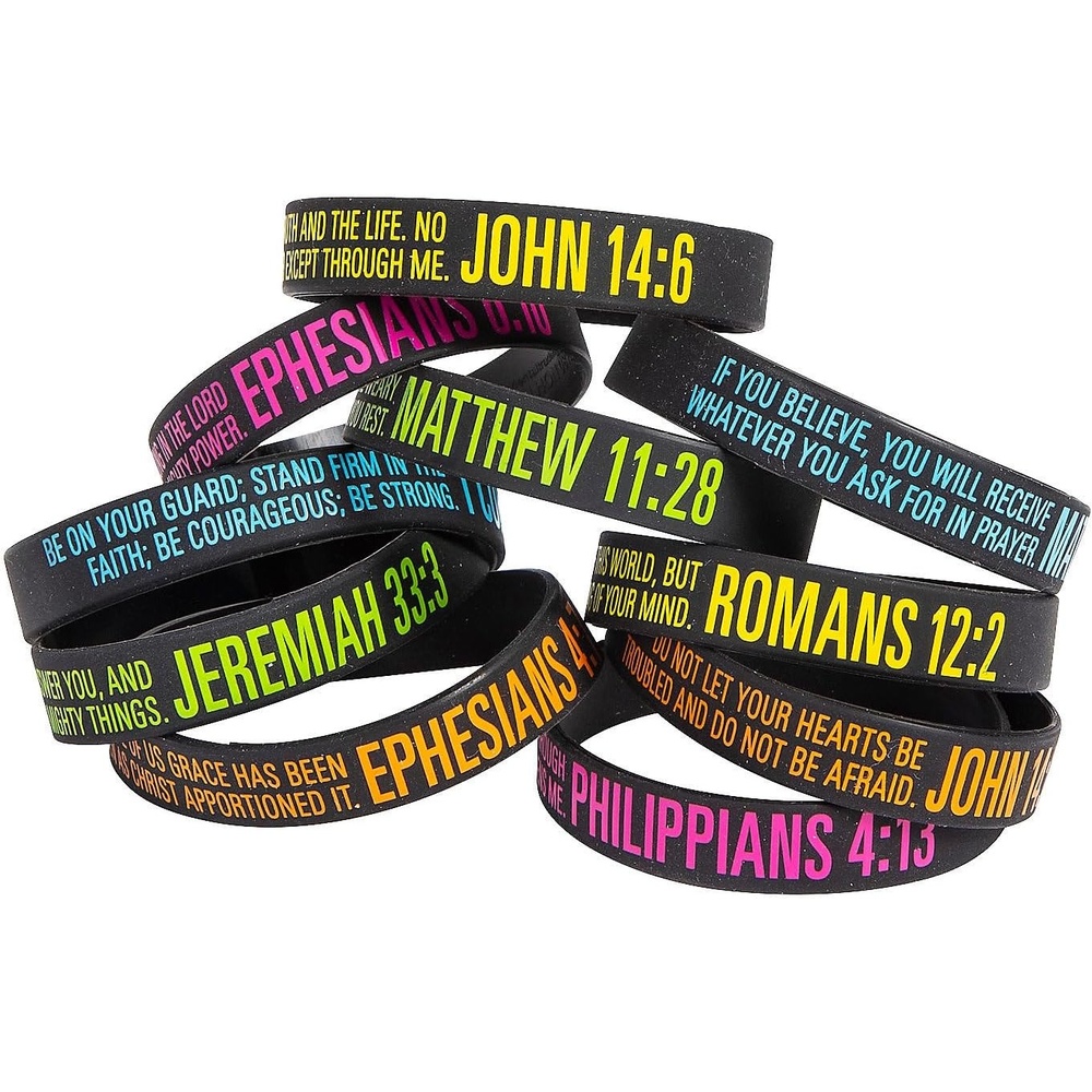 image:imageFun Express Bible verse bracelets rubber bracelets bulk 100 pack  Christian bracelets for kids and adults  wwjd bracelets silicone wristbands  religious gifts for church sunday school vbs