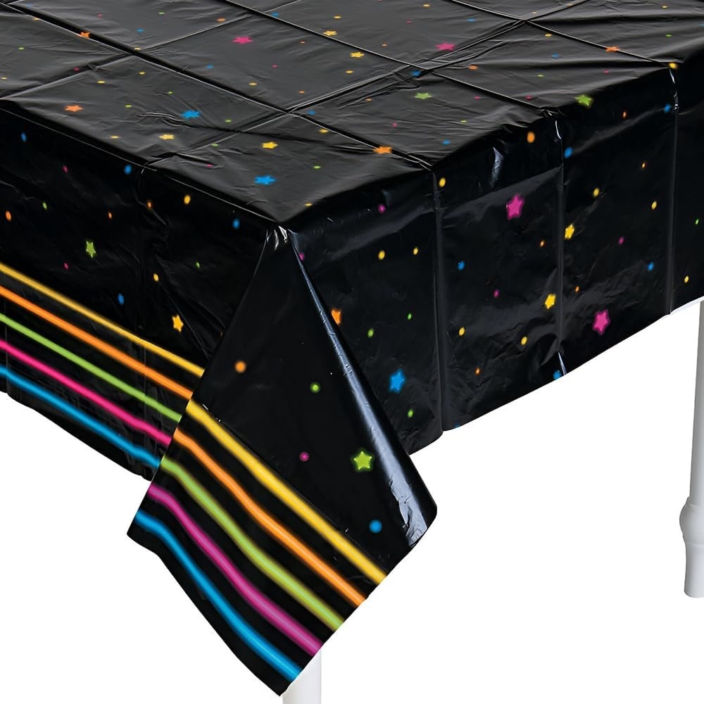 image:imageFun Express Neon Glow Party Disposable Tablecloth Black with Neon Stars and Stripe Detail Plastic Table Cover VBS 2026 54 x 108