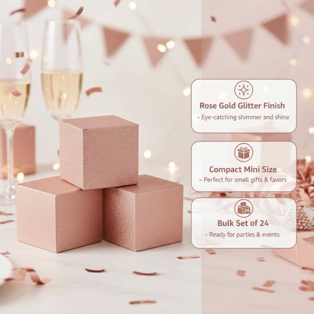 image:imageFun Express Rose Gold Glitter Mini Favor Boxes bulk set of 24 Great for Wedding and Party Supplies