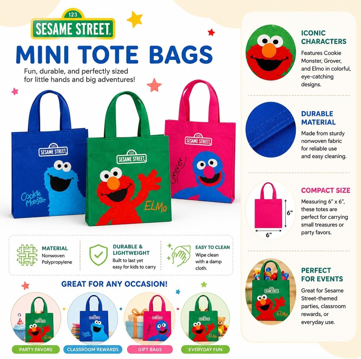 image:imageFun Express Sesame Street Party Favor Bags 12 Pack 6x6 Mini Tote Bags with Handles for Kids Birthday Elmo Cookie Monster Grover Goodie Bags Toddler Treat Gifts