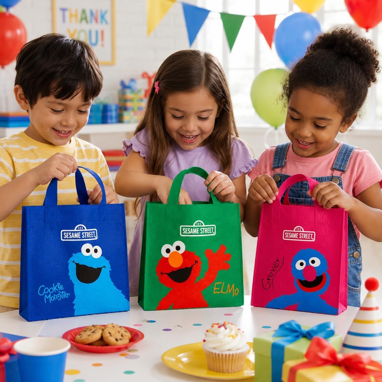 image:imageFun Express Sesame Street Party Favor Bags 12 Pack 6x6 Mini Tote Bags with Handles for Kids Birthday Elmo Cookie Monster Grover Goodie Bags Toddler Treat Gifts