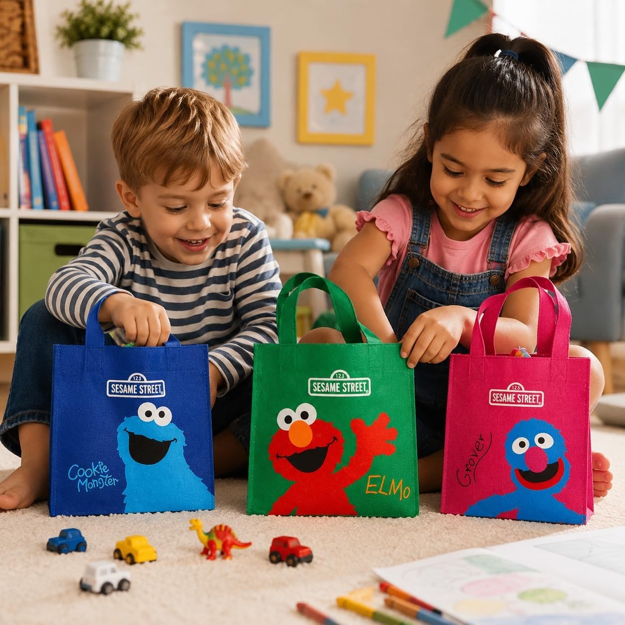 image:imageFun Express Sesame Street Party Favor Bags 12 Pack 6x6 Mini Tote Bags with Handles for Kids Birthday Elmo Cookie Monster Grover Goodie Bags Toddler Treat Gifts