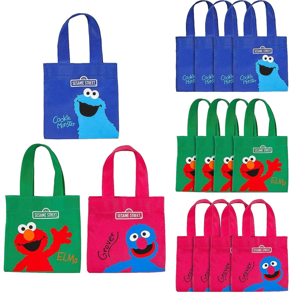 image:imageFun Express Sesame Street Party Favor Bags 12 Pack 6x6 Mini Tote Bags with Handles for Kids Birthday Elmo Cookie Monster Grover Goodie Bags Toddler Treat Gifts